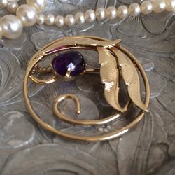 Vintage Amethyst (Purple Stone?) & Leaf Brooch /Pin