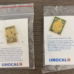 2x NEW VTG- Unocal 76 promotional pins featuring Oakland Athletics elephant mascot designs
