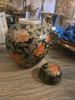 Black Ceramic Ginger Jar with Rose Design