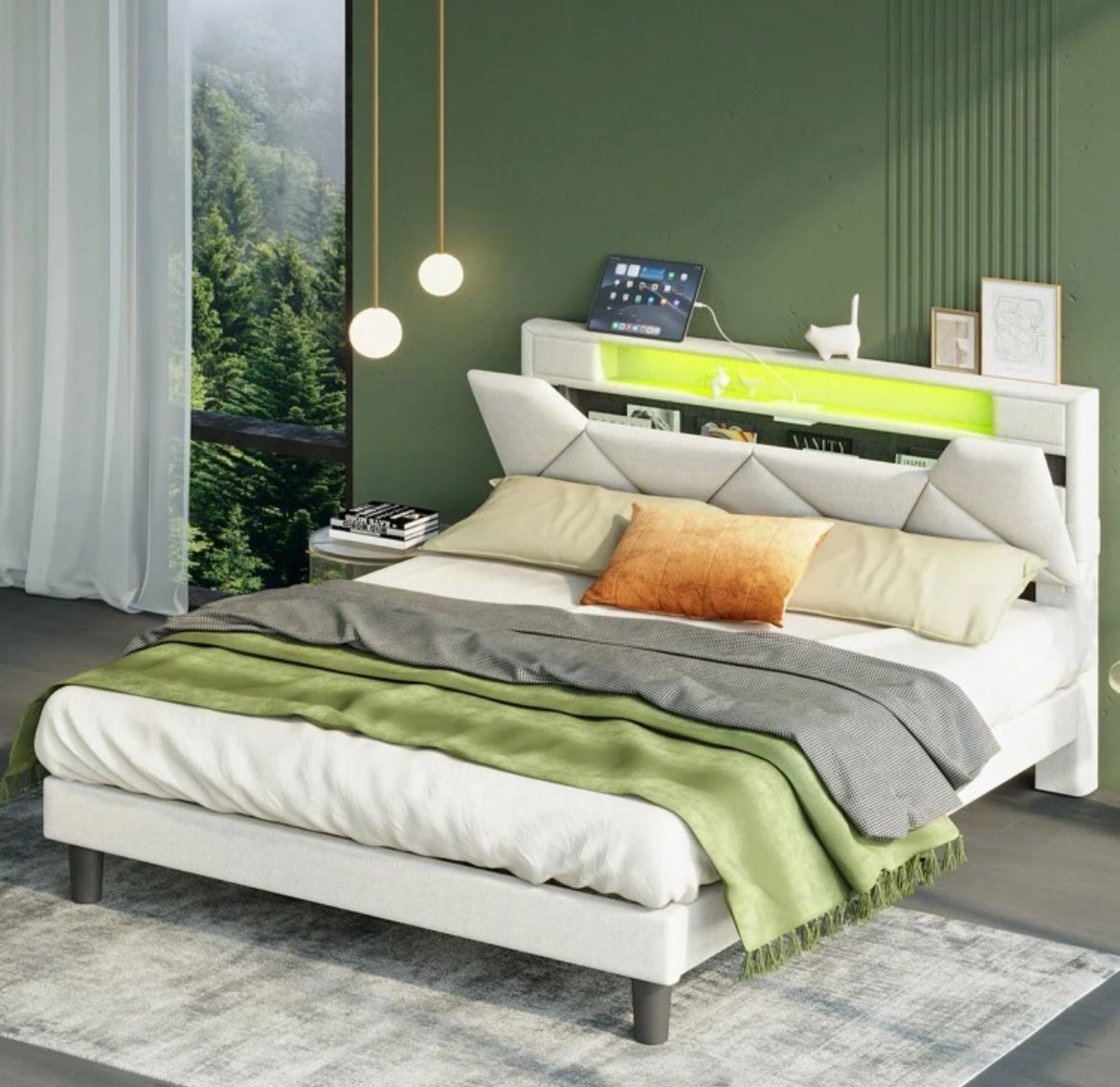 Queen Storage Bed - Upholstered Headboard With Charging, LED Lighting, Sturdy Steel Frame