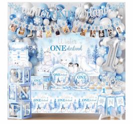 Big Package: Blue Winter Onederland 1st Birthday Boy Decorations, All-in-1 Winter Wonderland Decor with Snowflake Balloons Photo Banner Highchair Bann