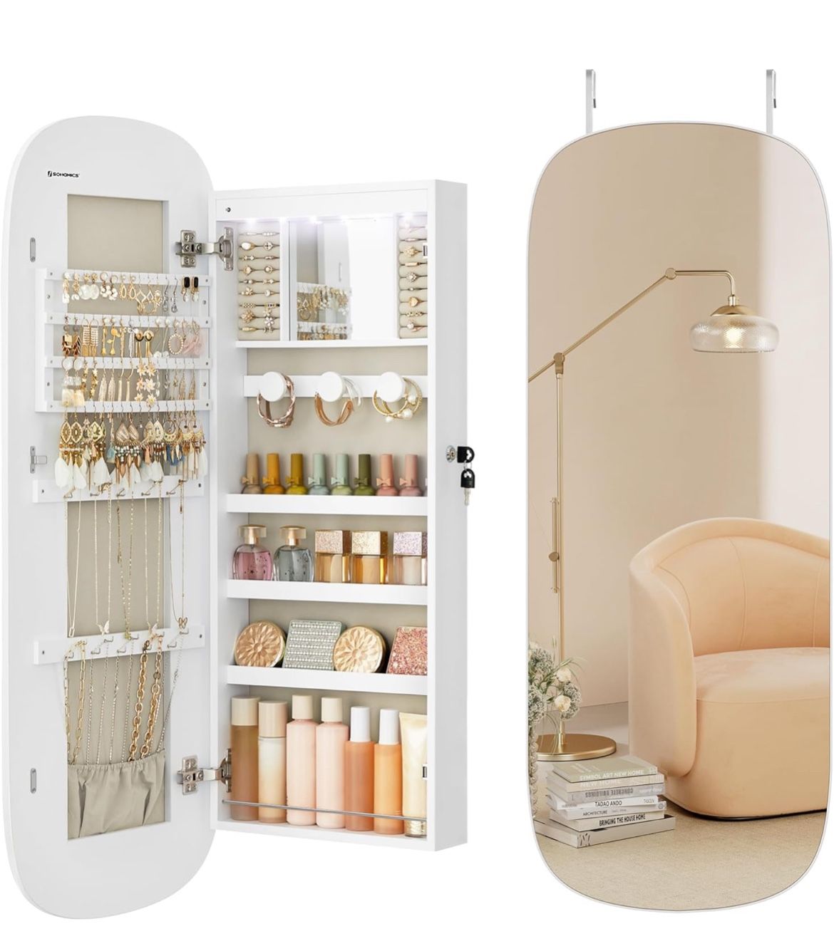 SONGMICS Jewelry Organizer LED Cabinet Wall/Door Mounted Lockable Rounded Wide Mirror - White