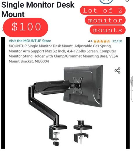 Lot Of 2 MOUNTUP Single Monitor Desk Mount,