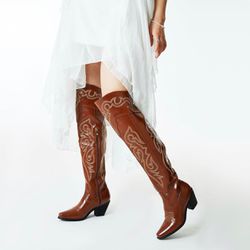 Cowgirl Boots for Women Snip Toe Embroidery Western Boots Vintage Cork Heel Side Zipper Cowboy Knee High Boots Size 8.5