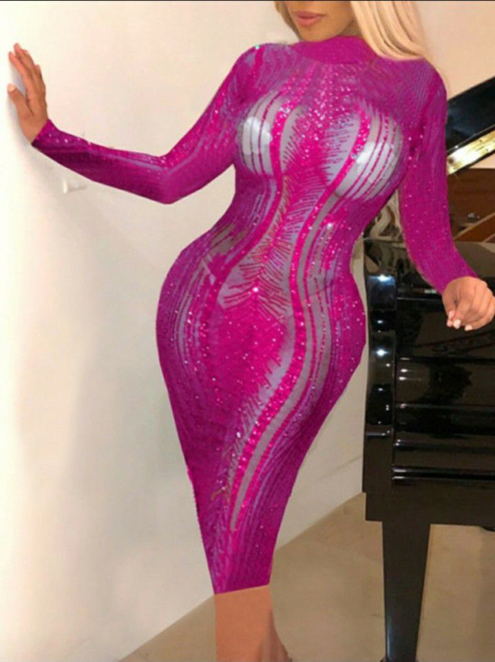 Pink Sequins Knee Length Dress
