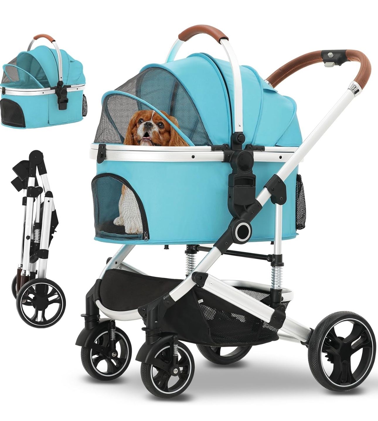 Ingborsa Pet Stroller 3 in 1 Folding Lightweight Dog Stroller with Detachable Carrier & Storage Basket, Premium 4 Wheels Travel Stroller for Puppies, 