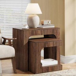 JW1073 Nesting End Table Set, Walnut Side Table for Living Room, Night Stand Set for Bedroom, Small Spaces, Brown