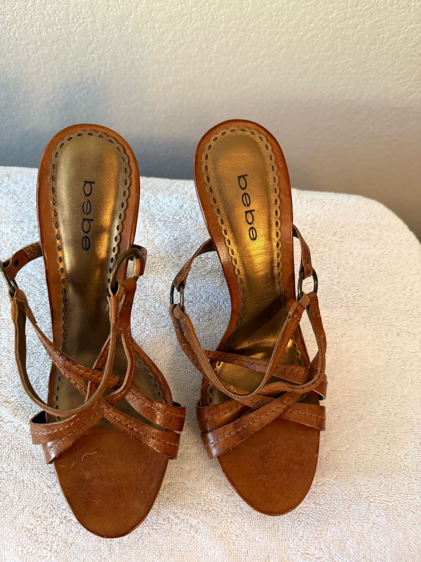 New W/out Box Size 9M US, Real Cognac Leather BeBe Heels