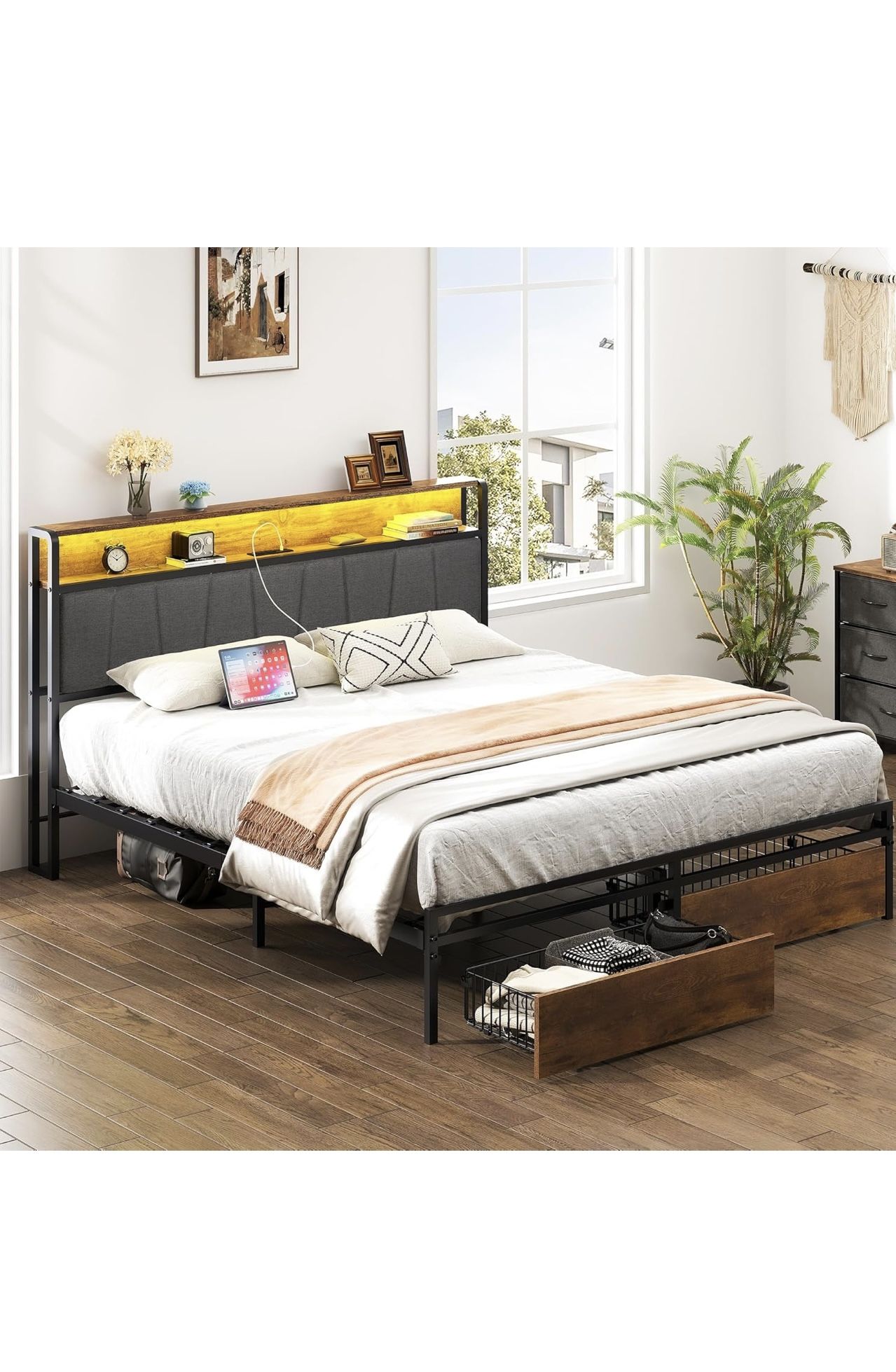 King Size Bed Frame with LED Headboard & Storage Drawers