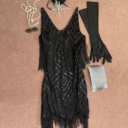 New small black fringe beaded sequin flapper costume dress  vintage