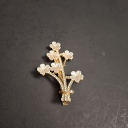 Goldtone Floral Hair Clip Or Brooch Pin With Rhinestones And Faux Pearl White Cherry Blossoms 2.5"L
