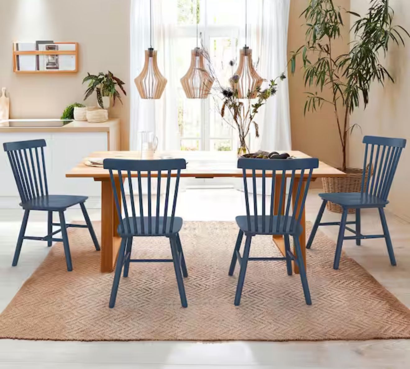 18 in. Dark Blue Classic Windsor Dining Chair, Solid Wood High Spindle Back Kitchen Chair (Set of 4)