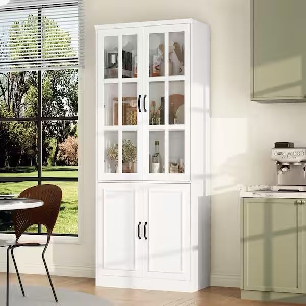 White Wooden MDF ( 31.5 in. W) Sideboard, Accent Storage Cabinet, Food Pantry with 4 Tempered Glass Doors and 5 Shelves
