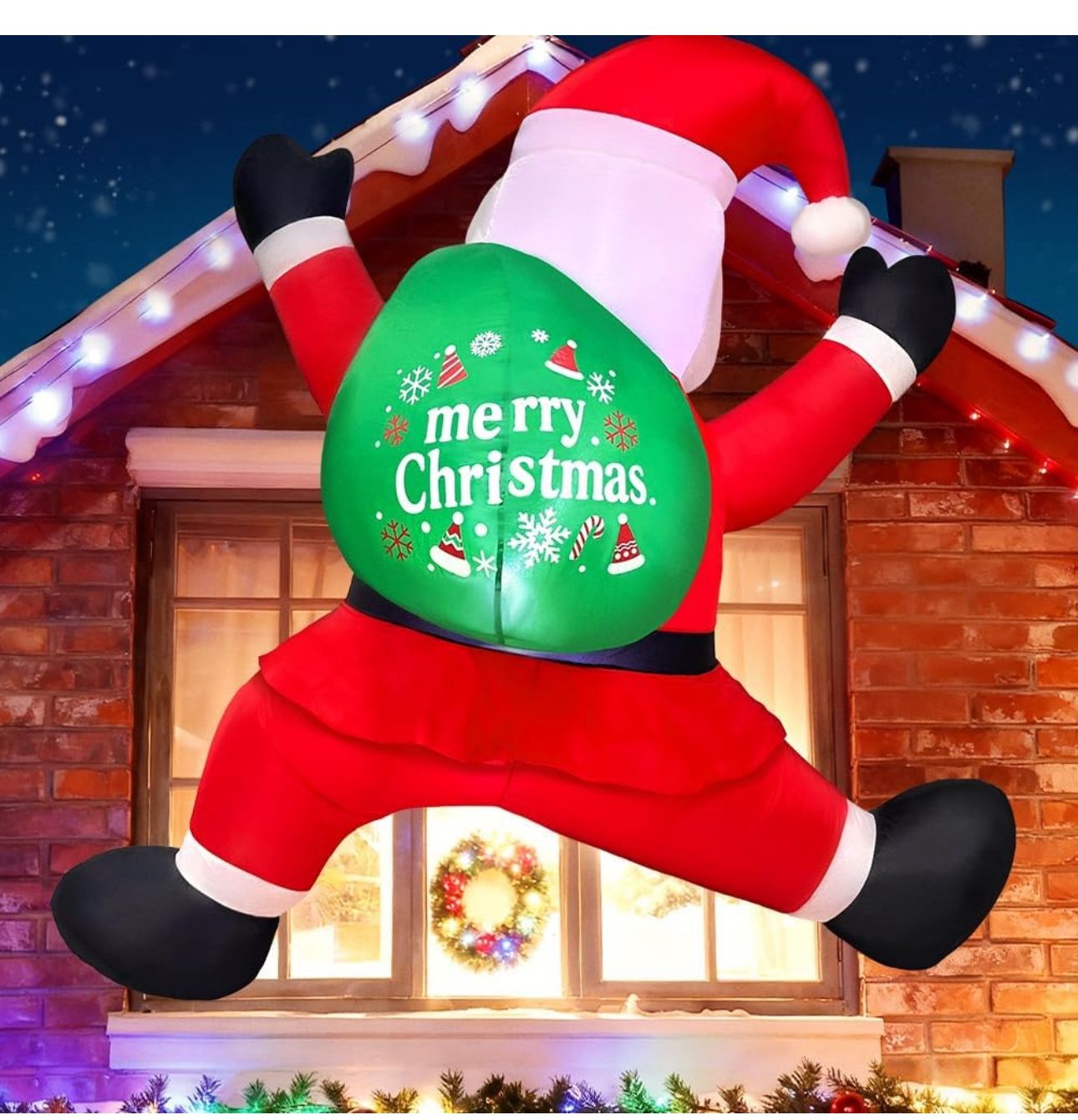 6FT Christmas Inflatables Climbing Santa, Blow Ups Xmas Hanging Santa Outdoor Decorations with LED Light Up for Xmas Yard Outdoor Roof Christmas Decor