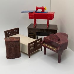 Vintage Plastic Renwal Dollhouse Miniature Furniture Lot Of 5 - Desk Piano Bed