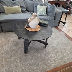 Round Black Distressed Wood Coffee Table & side Tables