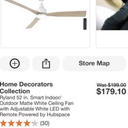 Ceiling Fan, 52” Home Decorators Matte White Finish, Indoor, Outdoor, Remote Control Included. LED W/adjustable Color Temp.