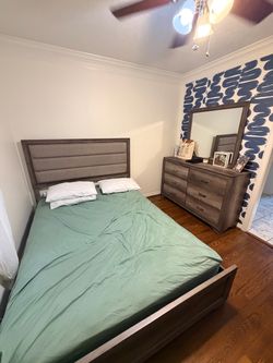 Queen Bed Frame and Dresser with Mirror Set
