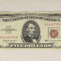 1963 US RED SEAL $5 NOTE CRISP