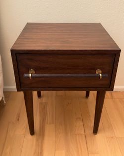 West Elm Walnut Nightstand – Leather-Wrapped Handle & Brass Details