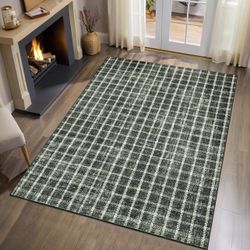 3x5 Rug Non-Slip Washable Low-Pile - Checkered Braided Geometric Print for Bedroom Living Room Kitchen Bathroom Entryway Indoor Green