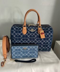 Coach Large Rowan In Signature Denim With Wallet