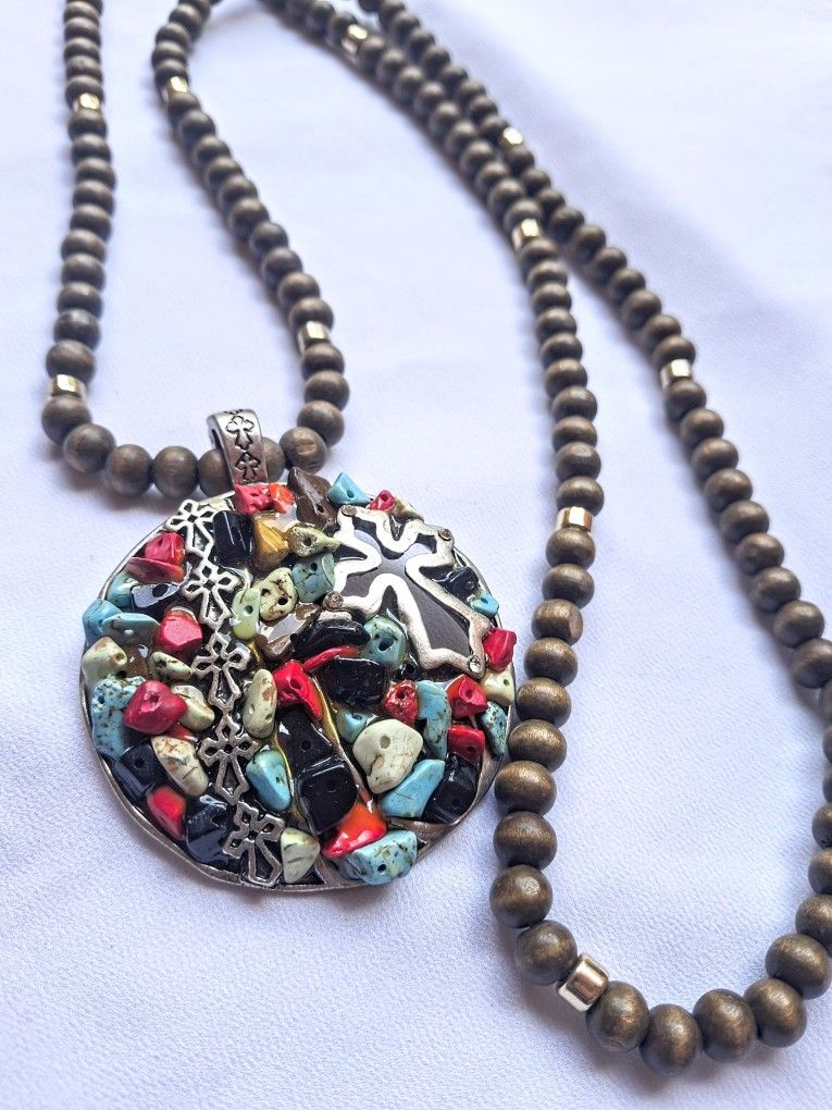Vintage Silver Turquoise Cross Pendant Necklace