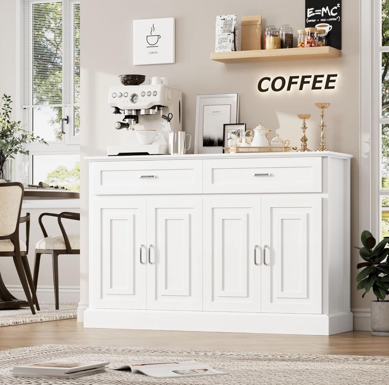 White Farmhouse Buffet Cabinet – 55” Wide Sideboard with Storage Drawers