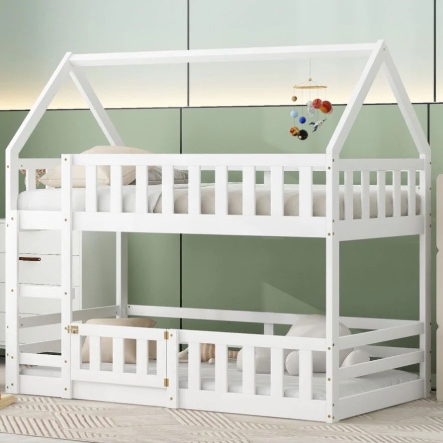 NEW White Solid Wood Twin Over Twin House Bunk Bed with Fence and Door