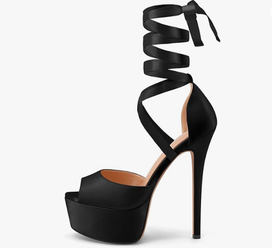 Black 6” Platform Stiletto Heels – Satin Lace-Up Strappy Sandals (Size 6.5) NEW