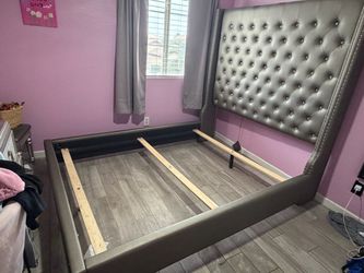 Silver Tufted Upholstered Bed Frame with Wingback Headboard