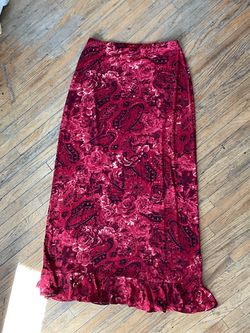 Red Paisley Floral Maxi Skirt with Ruffle Hem