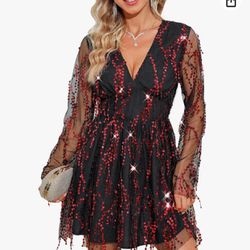 CUPSHE Women's V Neck Sparkly Sparkly Tulle Sequin Long Sleeve A-Line Dress