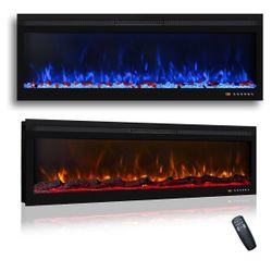 Electric Fireplace 50inches, Wall-Mounted & Recessed Fireplace Inserts, Multicolor Flame w/5 Dimmer, Remote Control Thermostat, Timer, Overheating Pro