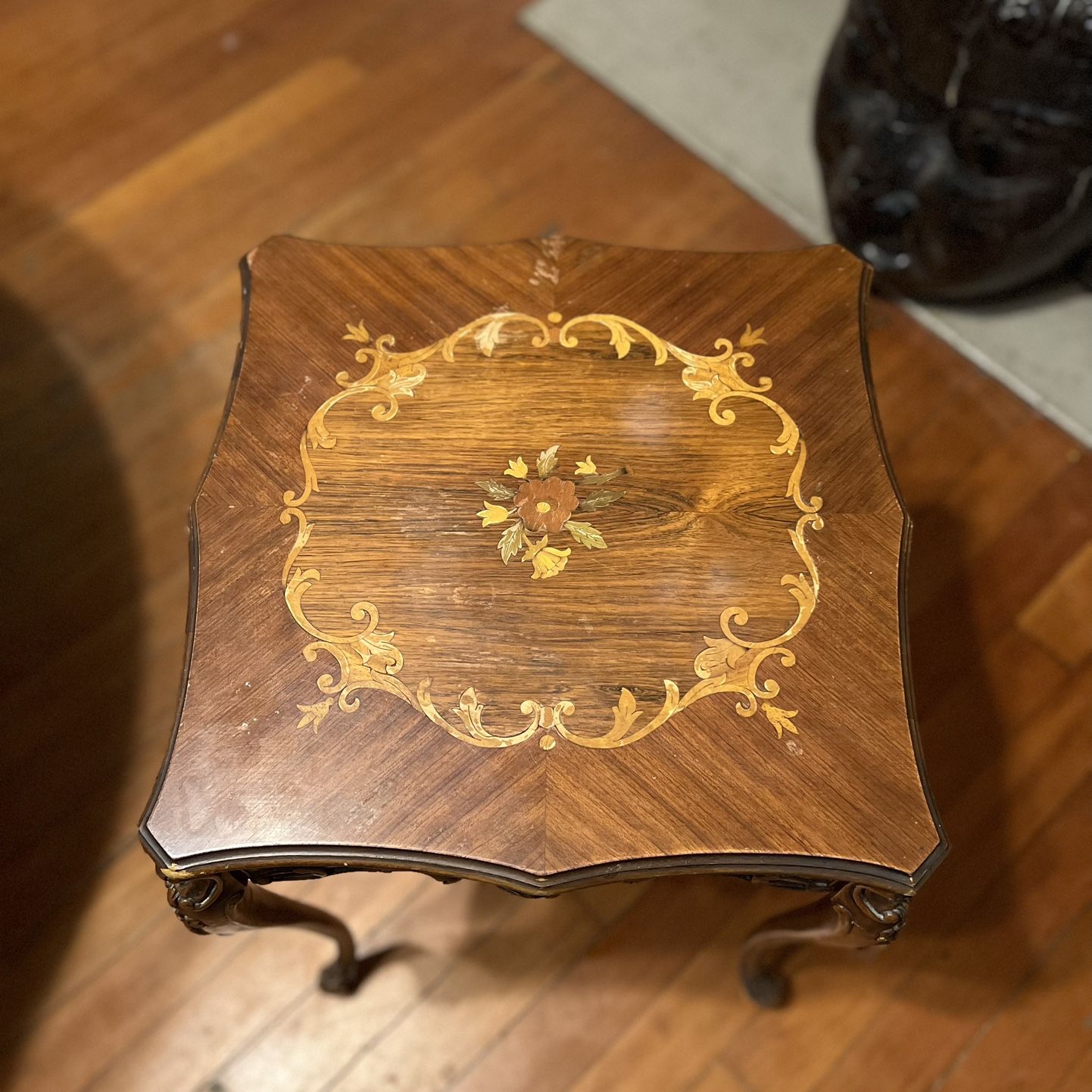 Antique French Louis XV Rocaille Inlaid Marquetry Table