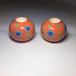  Set Of 2 Retro Avon Bright Luau Orange Floral Tea Light Holders RARE