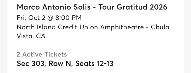 Marco Antonio Solis Tickets for Chula Vista Concert 10/2/26 at 8pm