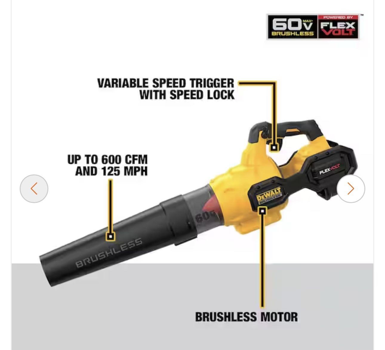 DEWALT FLEXVOLT 60V MAX 125 MPH 600 CFM Brushless Cordless Battery Powered Blower Tool Only