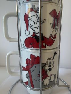 Disney Christmas Mickey Mouse & Friends Stackable Mugs Set Of 4 Metal Holder