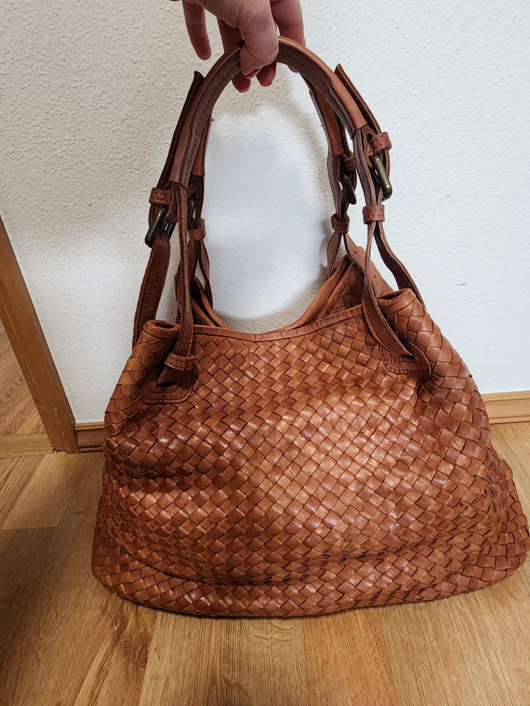 GORGEOUS! Valentina Brown Woven Hobo Genuine Leather Handbag Made In Italy