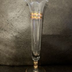 Vintage 10" Clear Glass Pedestal Bud Vase with Gold Gilding Stripes & Base Rim