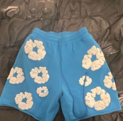 DENIM TEARS Men's XL Blue/White Cotton Fleece Sweat Shorts Graphic Drawstring
