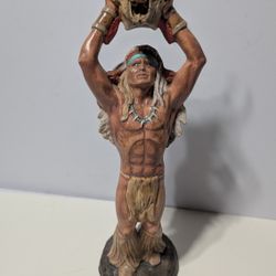 15 Inch Native American Warrior Figurine Holding Buffalo Skull Southwest Decor

