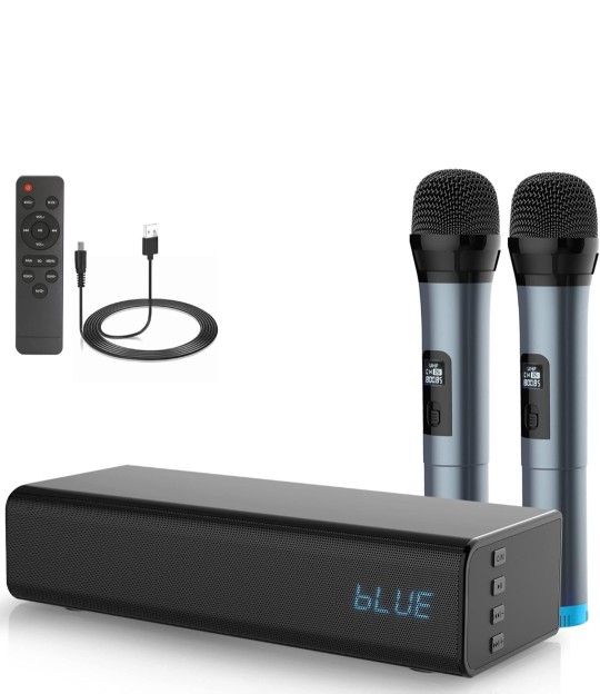 Wireless Soundbar with Mic and Remote Control, 10 inches 20W 2 Wireless Microphones, 5.0, A2DP, AVRCP Bluetooth Karaoke Sound System, USB, AUX-in, AUX