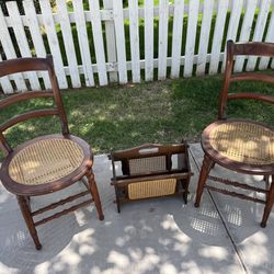 Antique Wood And Cane Chairs And Matching Magazine Rack