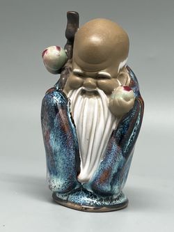 Shiwan Blue Jun Glaze Shou Xing Figurine - Chinese God of Longevity Statue 4.1"