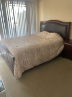 Bed Frame with Upholstered Headboard, 2 nightstands, 1 dresser, and mirror