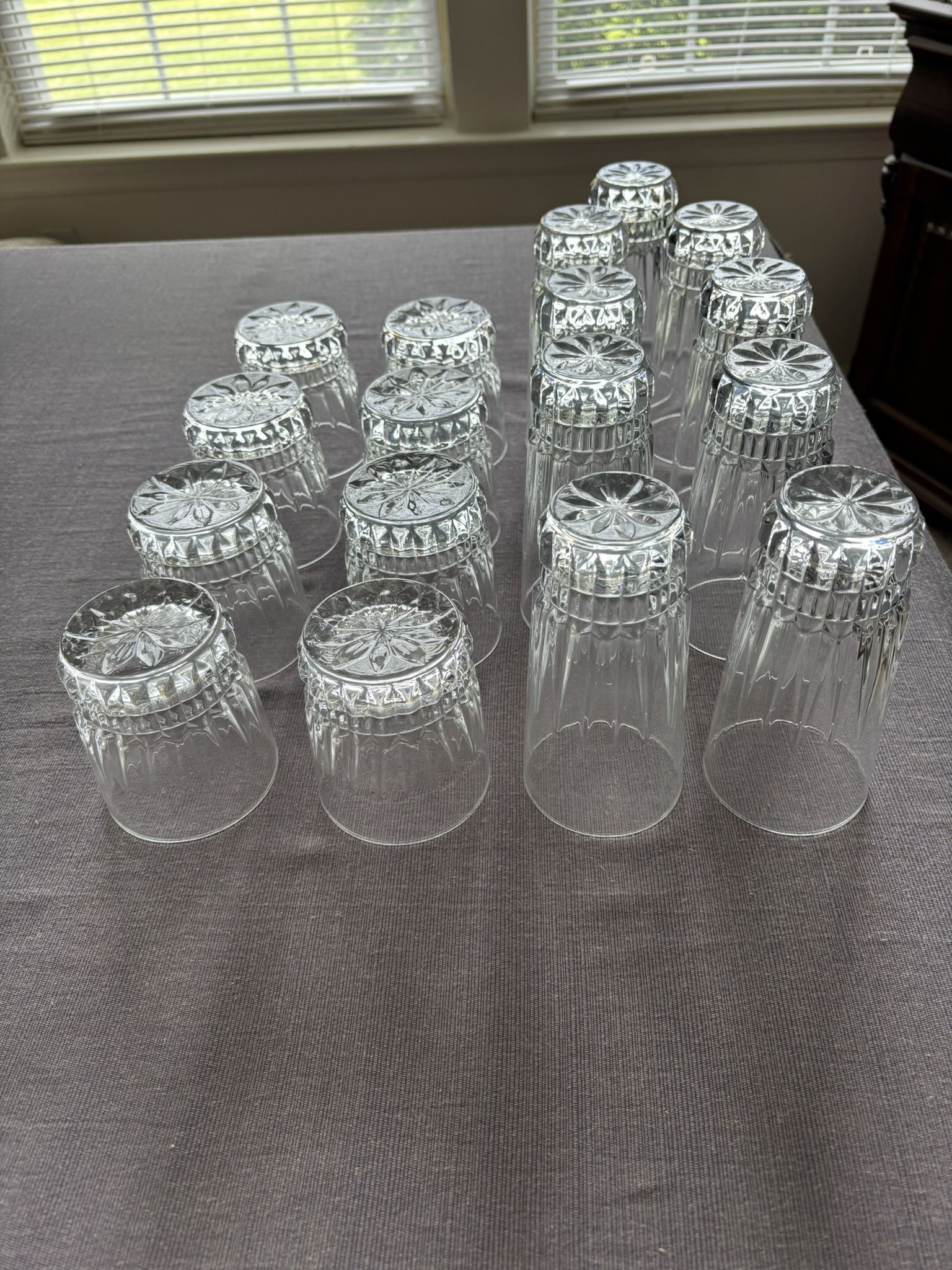 Vintage Drinking Glasses, set of 17, 9 Highball Tumblers 12oz. and 8 Rocks Tumblers 10oz., vertical cut and faceted, very good condition. (possibly Cr
