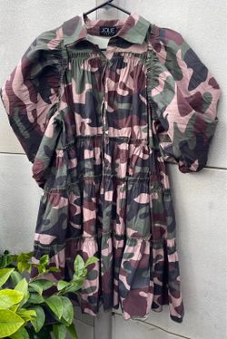 Jolie Paris puffy ruffle Plus Size sleeves  collar Camo Green Brown Women’s Sz 2