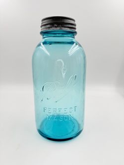 Antique Half Gallon Ball Perfect Mason Blue Glass Jar With Original Zinc Lid
